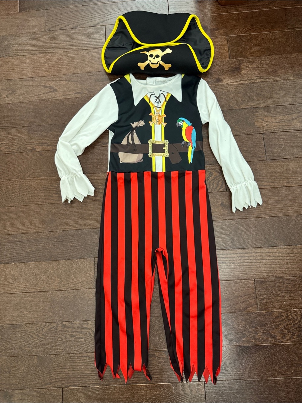 H&M Black Pirate Costume with Red Striped Pants & Yellow Trim Hat